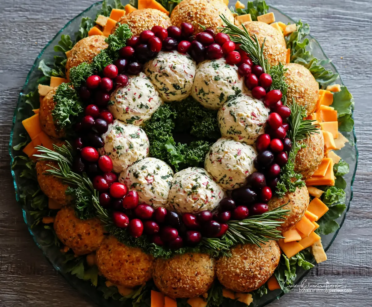 Delicious cheeseball wreath garnished with herbs, perfect for appetizer parties.