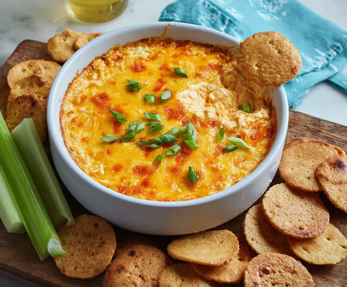 Delicious Cheesy Buffalo Chicken Dip served with tortilla chips