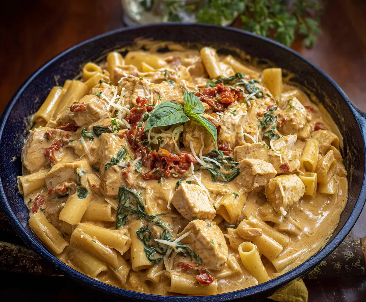 Delicious Chicken Creamy Tuscan Pasta with spinach and sun-dried tomatoes on a plate.