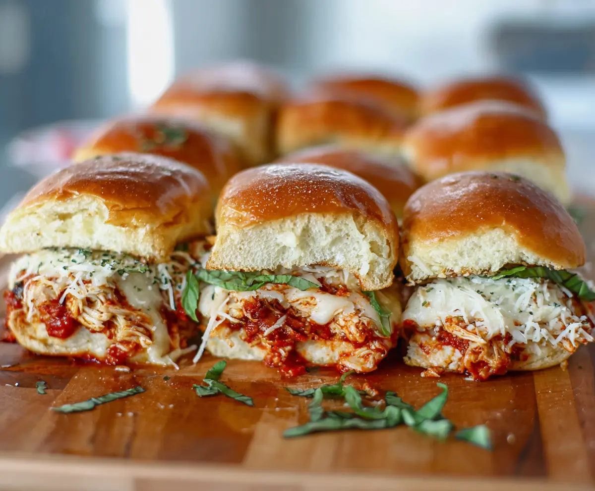 Delicious Chicken Parm Sliders with melted cheese and crispy breading on a serving platter.