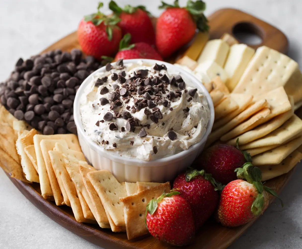 Delicious chocolate chip cream cheese dip served in a bowl, perfect for parties and snacks.