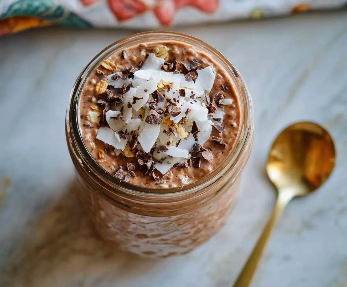 Delicious chocolate coconut overnight oats topped with shredded coconut and chocolate chips in a glass jar.