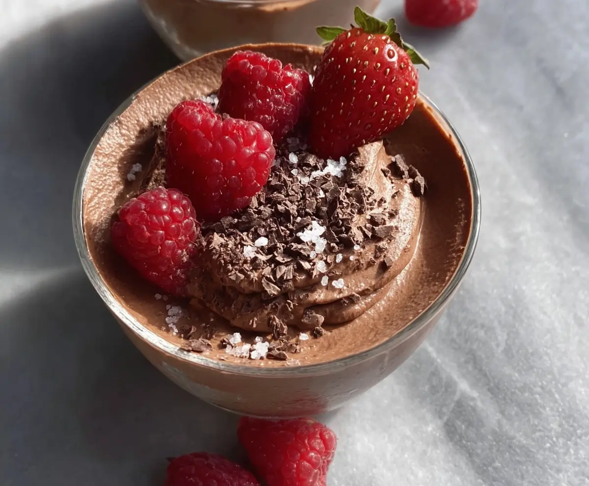 Delicious chocolate protein mousse in a glass bowl, topped with whipped cream and chocolate shavings.