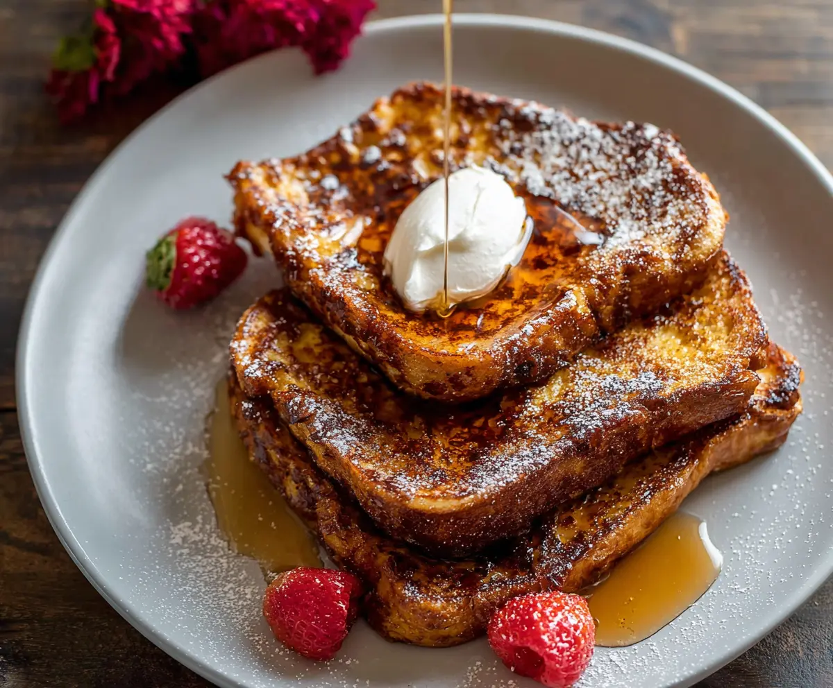Delicious cinnamon French toast topped with fresh berries and maple syrup.