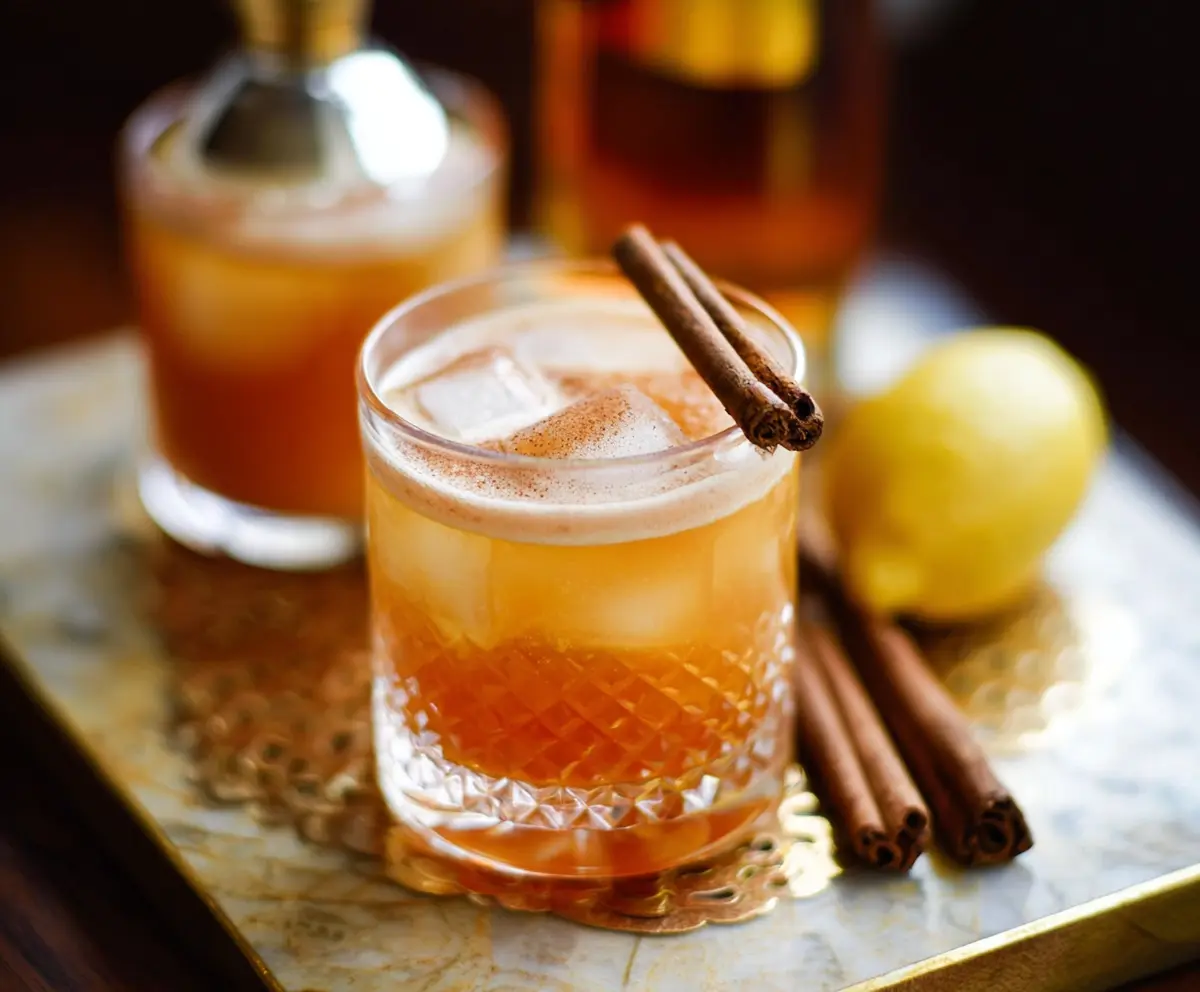 Refreshing Cinnamon Maple Whiskey Sour cocktail garnished with a cinnamon stick and served in a glass.