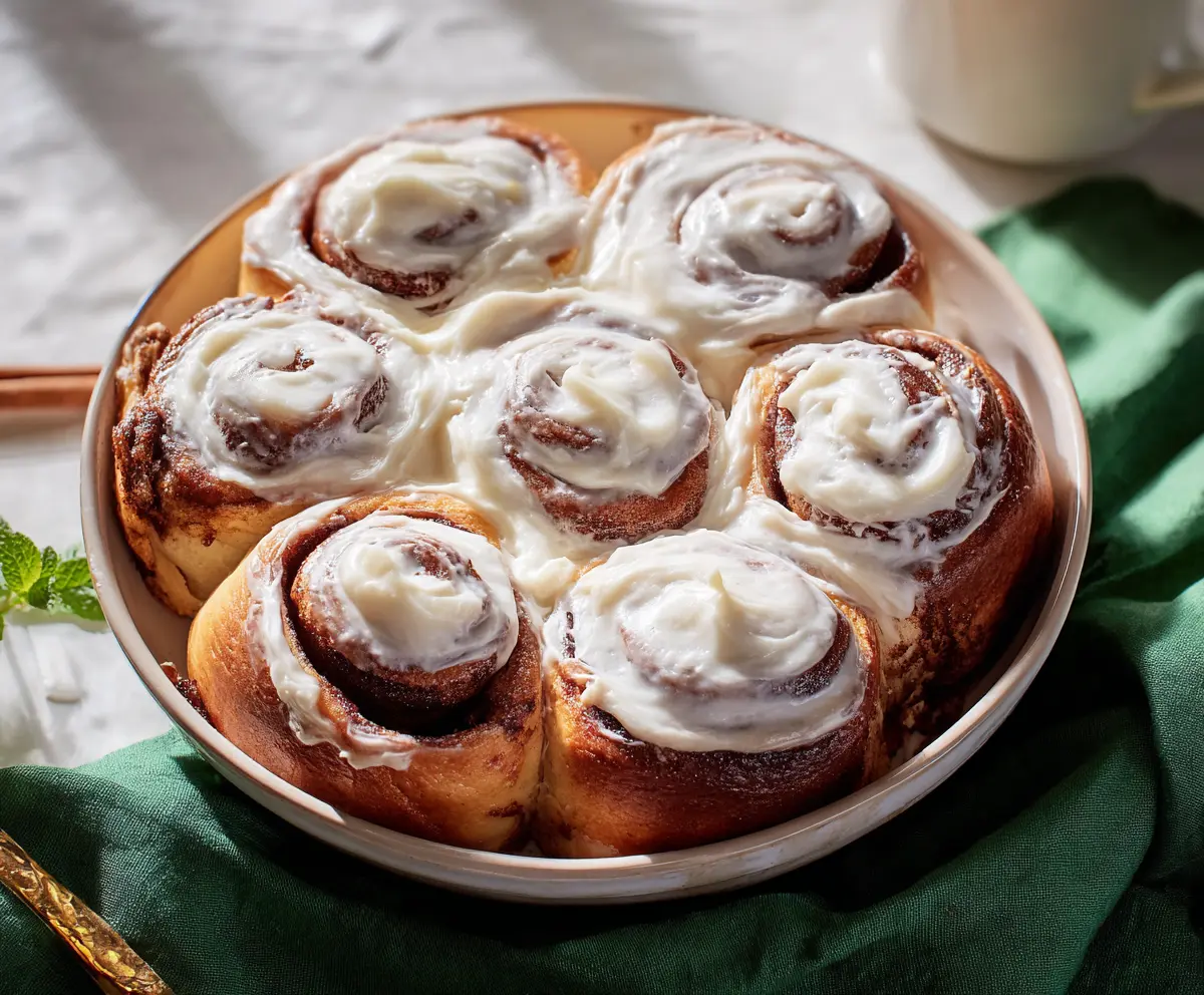 Freshly baked cinnamon rolls topped with creamy cream cheese frosting, perfect for breakfast or dessert.