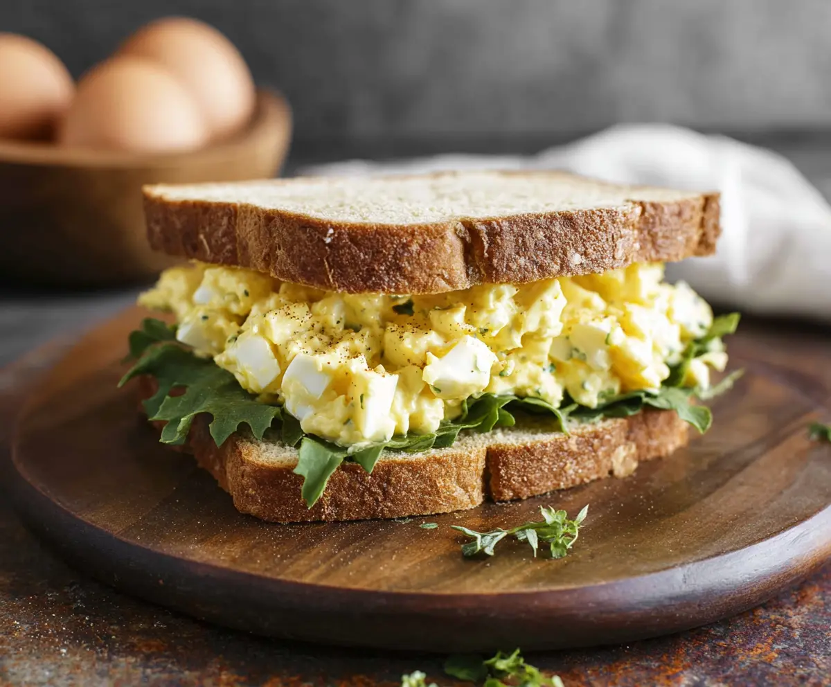 Delicious classic egg salad sandwich on whole wheat bread with fresh lettuce and mayonnaise