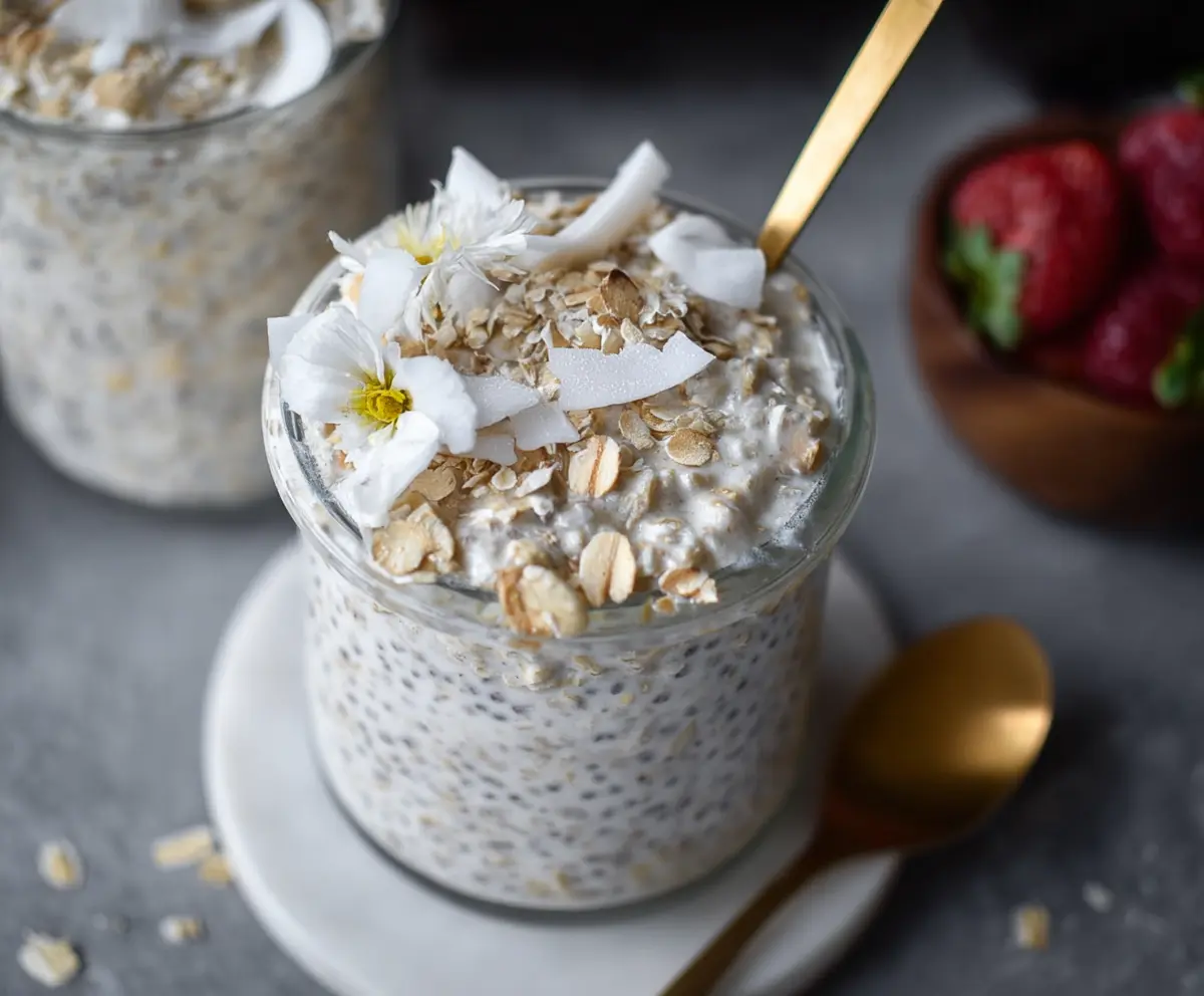 Creamy coconut overnight oats topped with fresh fruit for a healthy breakfast