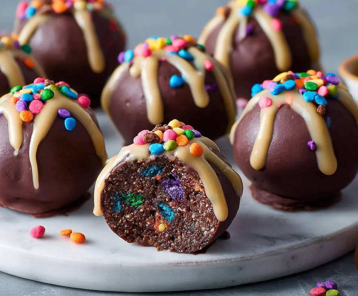 Delicious Cosmic Brownie Protein Bites with chocolate and sprinkles on a white plate