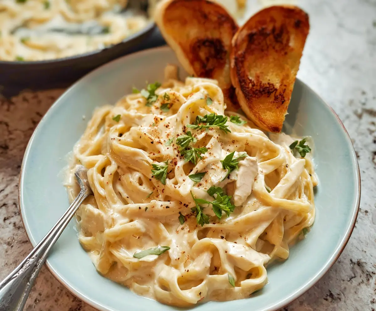 Creamy Cottage Cheese Alfredo Pasta served with fresh herbs and garlic bread