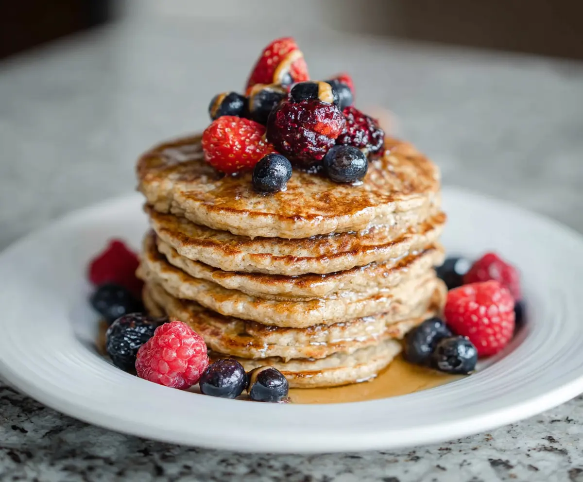 Delicious cottage cheese protein pancakes topped with fresh berries on a white plate.