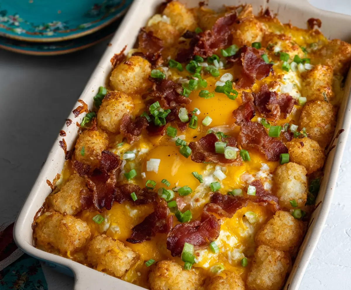 Delicious Crack Breakfast Casserole Tater Tot with melted cheese and crispy tater tots served on a plate.