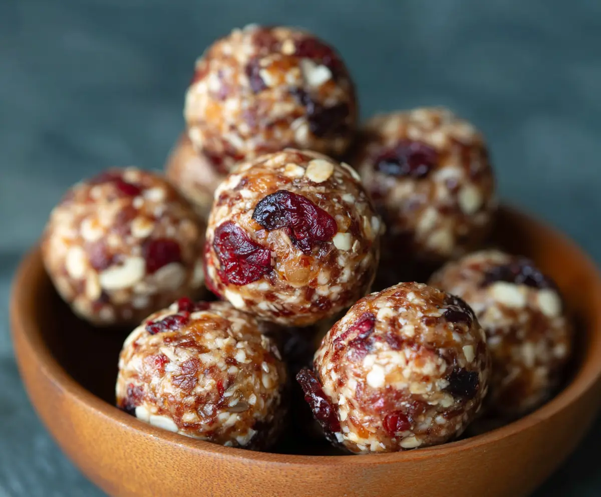 Healthy Cranberry Almond Energy Bites on a white plate, perfect for a nutritious snack.