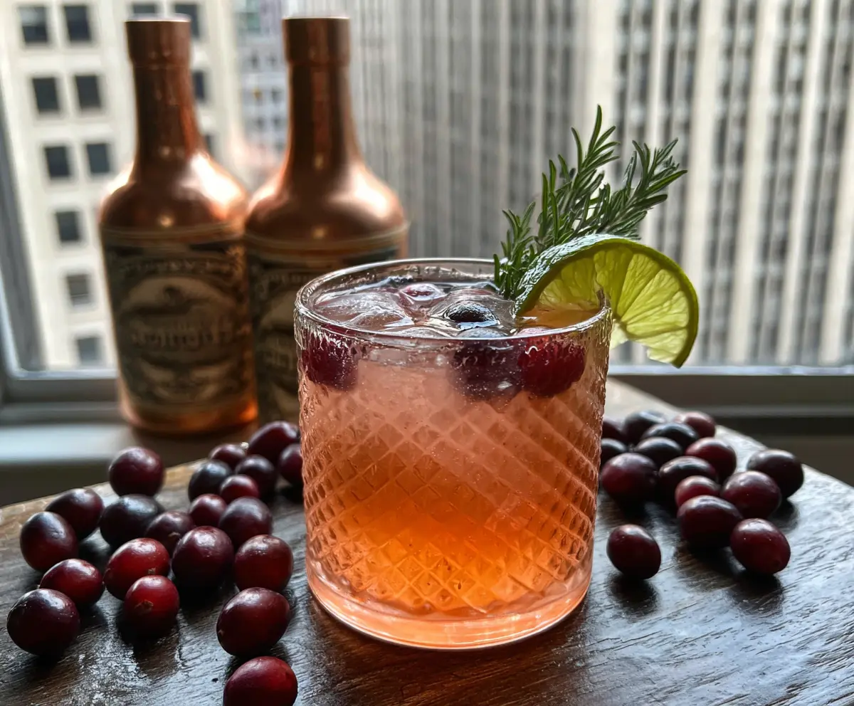 A refreshing Cranberry Bourbon Mule cocktail in a glass garnished with cranberries and lime.
