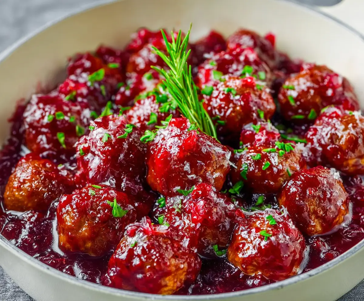 Delicious cranberry meatballs served on a platter, perfect for holiday appetizers.