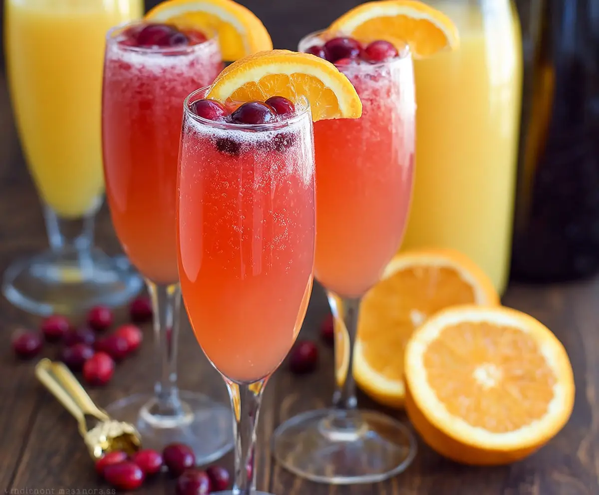 Refreshing Cranberry Orange Mimosa with fresh cranberries and orange slices in a clear glass.