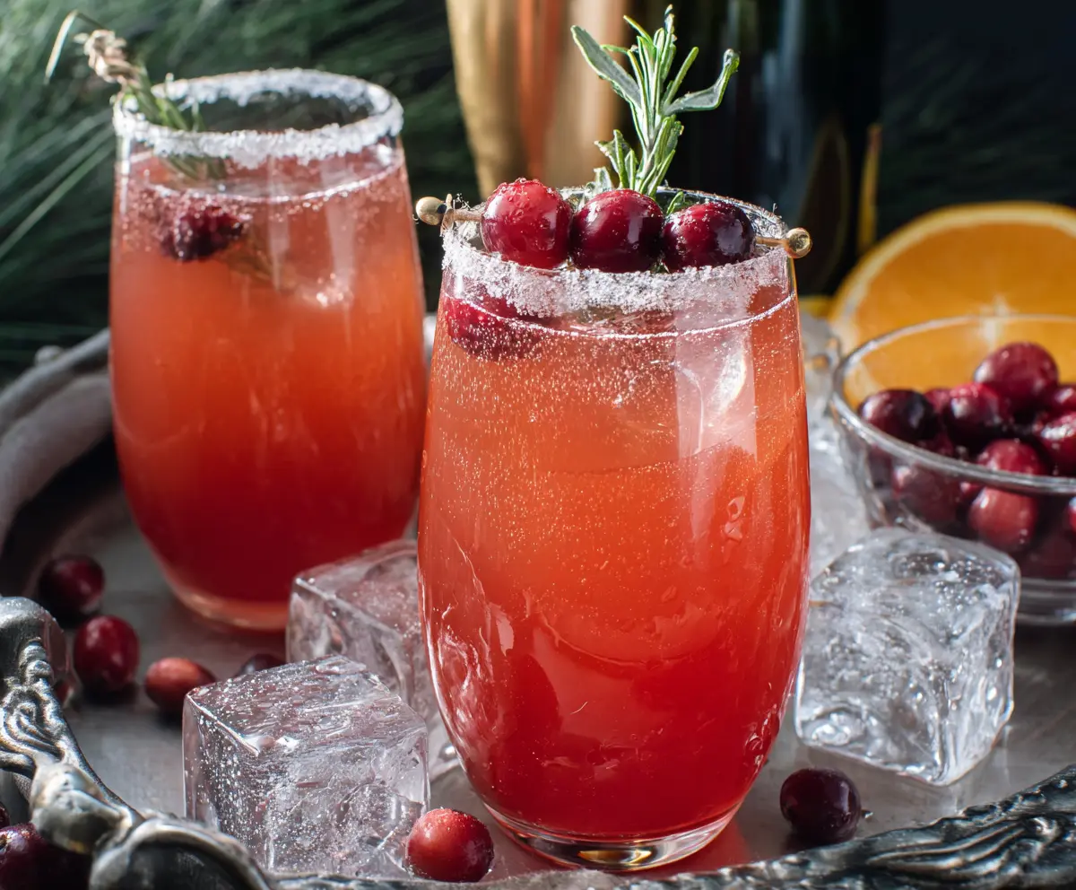 Bright and festive Cranberry Prosecco Cocktail garnished with fresh cranberries and mint in a sparkling glass
