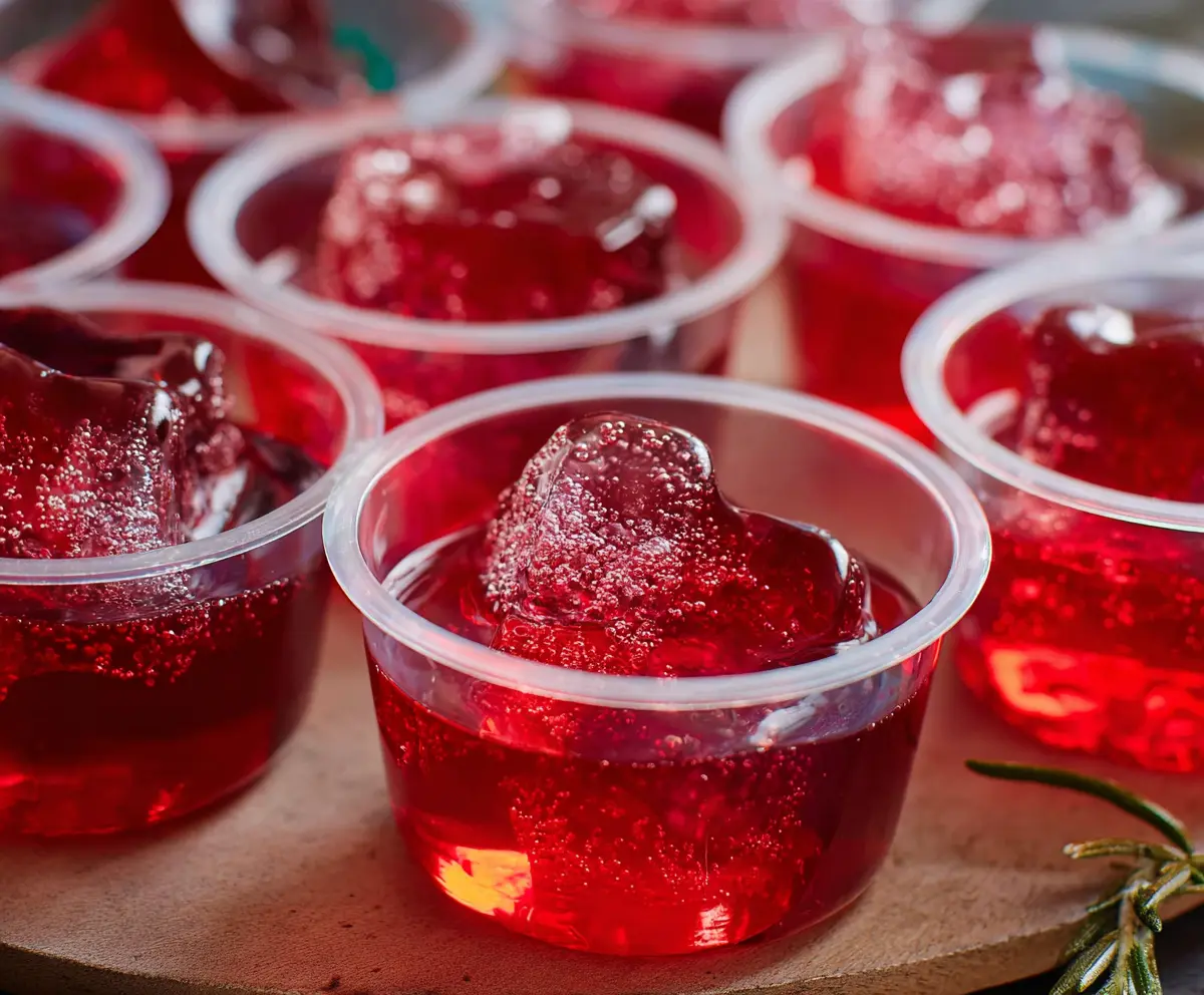 Delicious Crantini Jello Shots featuring vibrant red color and garnished with fresh cranberries for a festive appetizer.