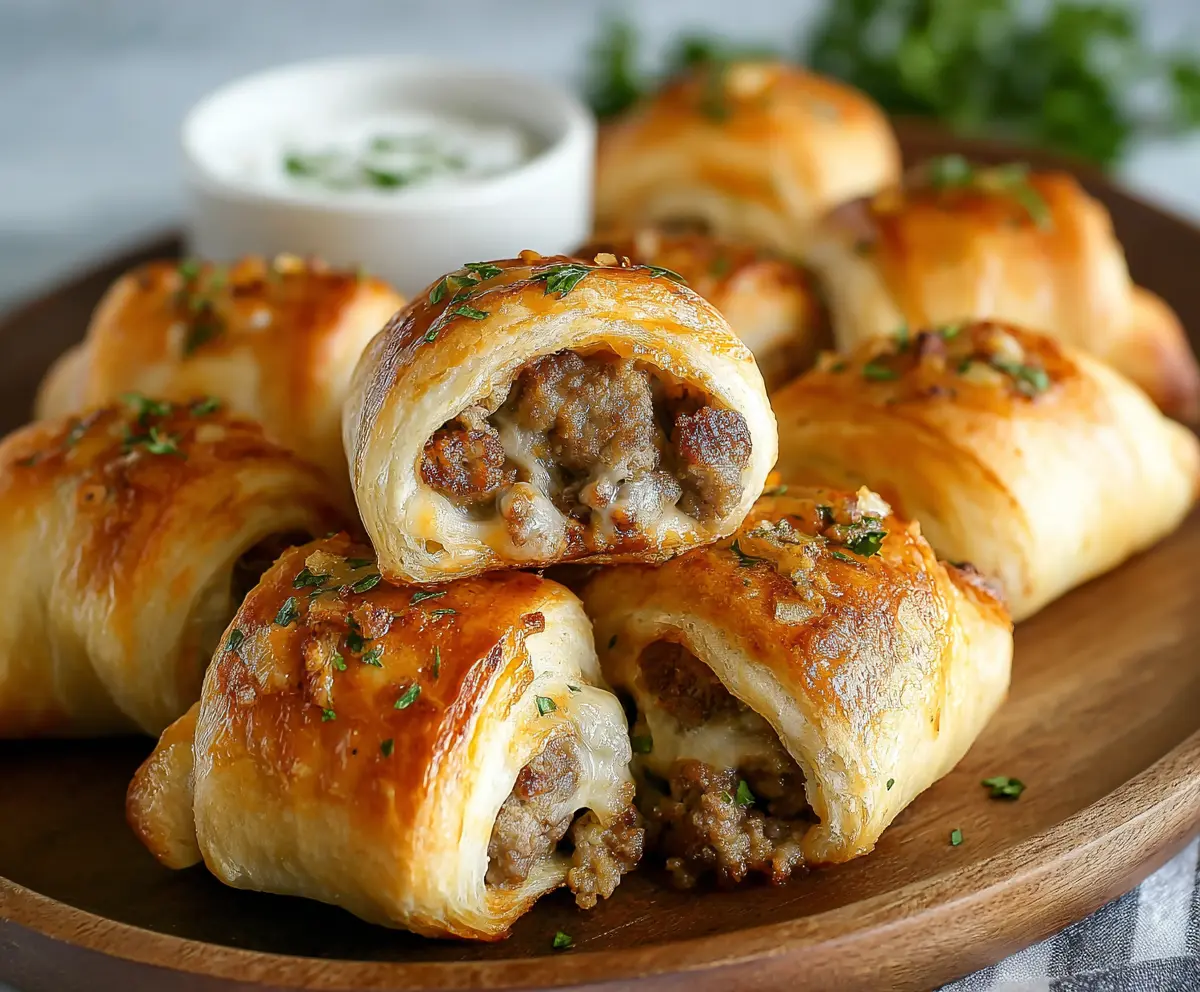 Delicious creamy sausage-stuffed crescent rolls topped with melted cheese on a white plate.