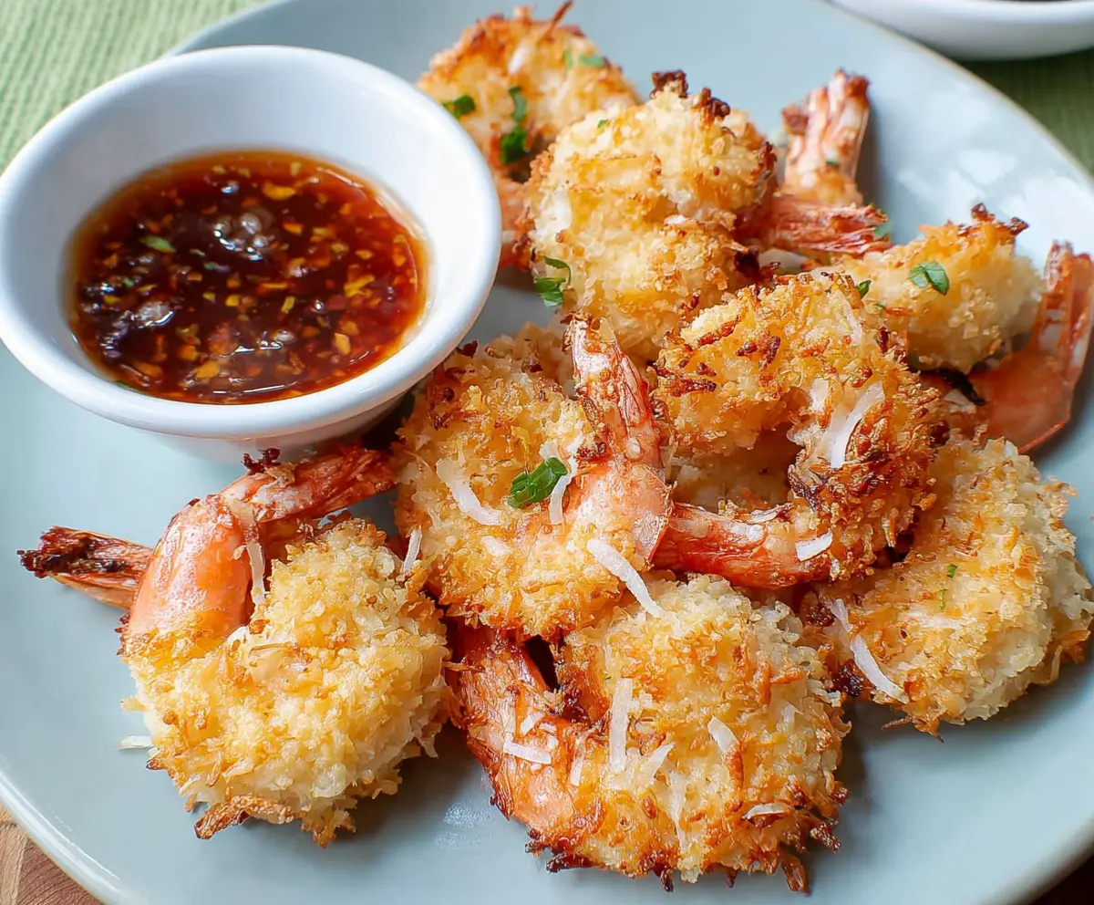 Crispy baked coconut shrimp on a plate with a dipping sauce, garnished with lemon wedges.