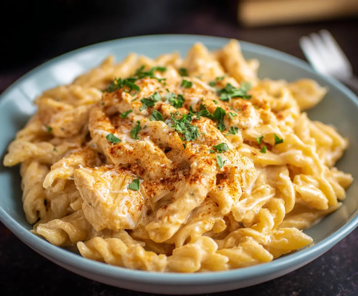 Delicious crockpot chicken pasta served in a bowl with herbs and cheese