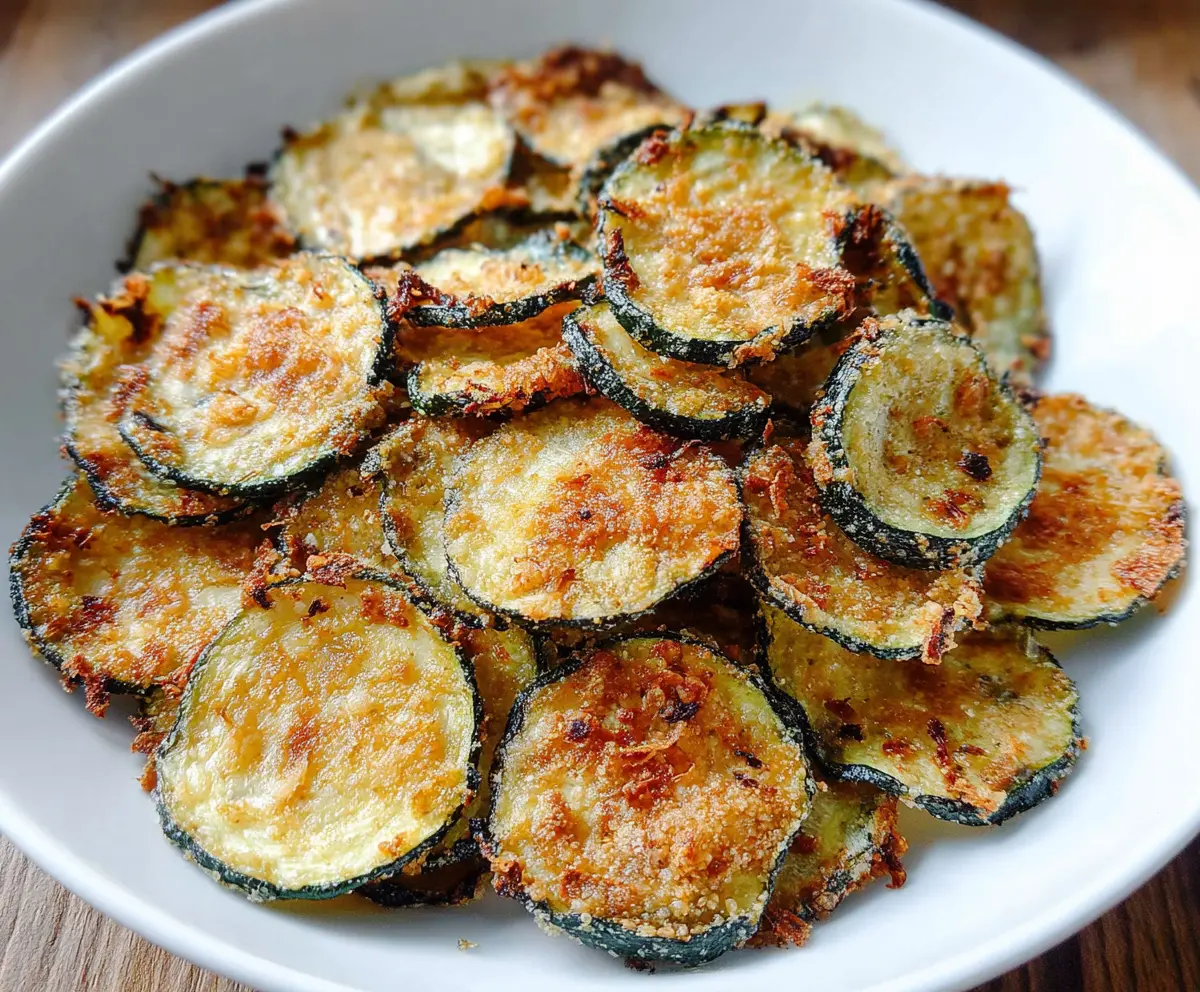 Crunchy zucchini chips fresh out of the oven, crispy and golden brown, perfect as a healthy snack.