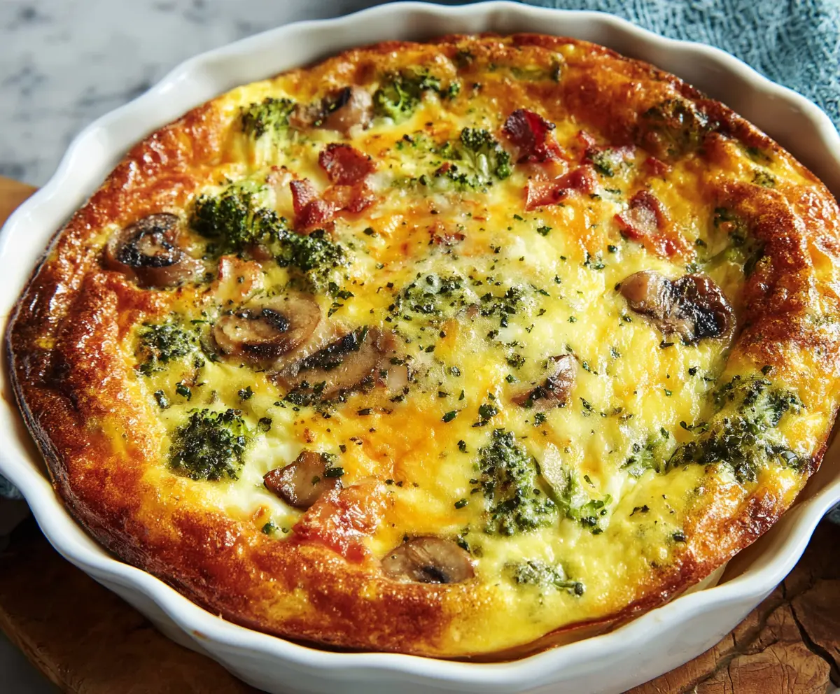 Delicious crustless quiche with melted cheese and fresh vegetables on a plate.