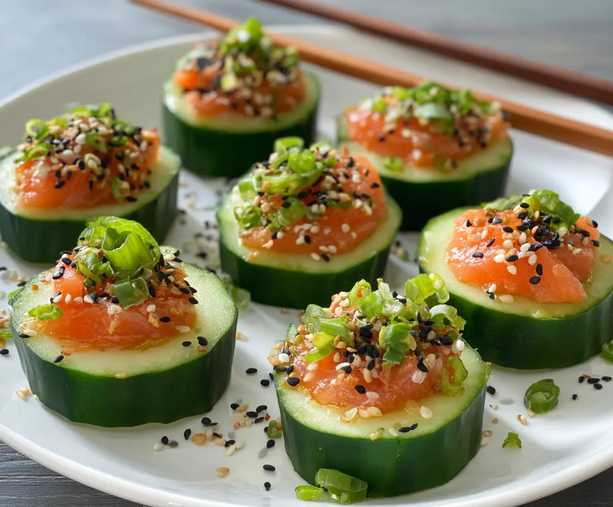 Fresh cucumber sushi bites with colorful fillings, perfect for a healthy appetizer or snack.