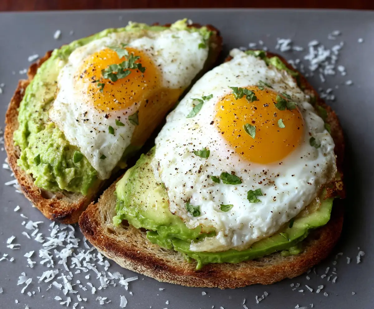 Delicious egg and avocado toast with a perfectly cooked sunny-side-up egg on toasted whole grain bread.