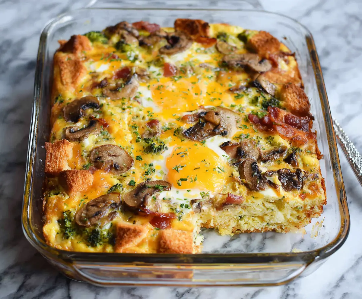 Delicious Egg Breakfast Casserole with cheese and vegetables on a plate.