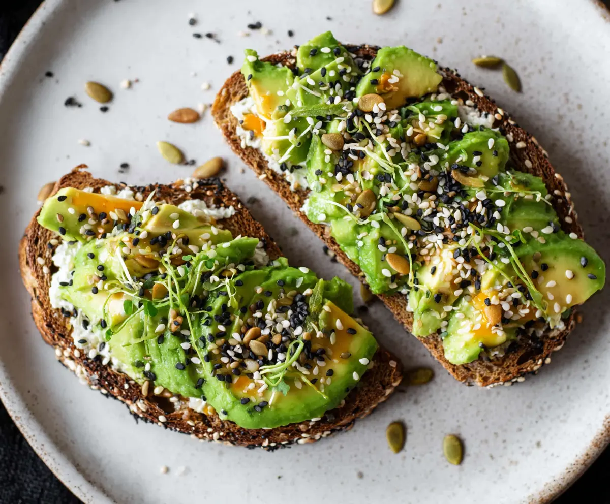 Toasted rye bagel topped with mashed avocado, sesame seeds, poppy seeds, and herbs in a close-up shot.