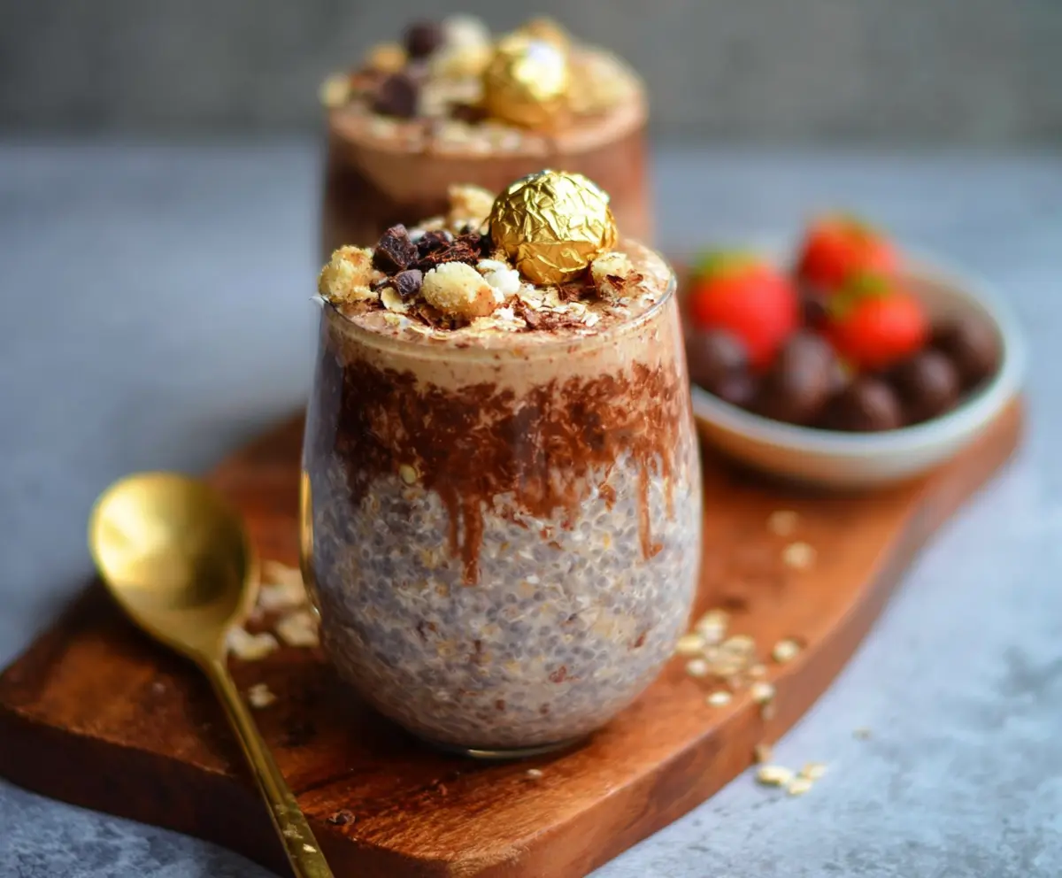 Delicious Ferrero Rocher Overnight Oats served in a jar with chocolate and hazelnuts topping.
