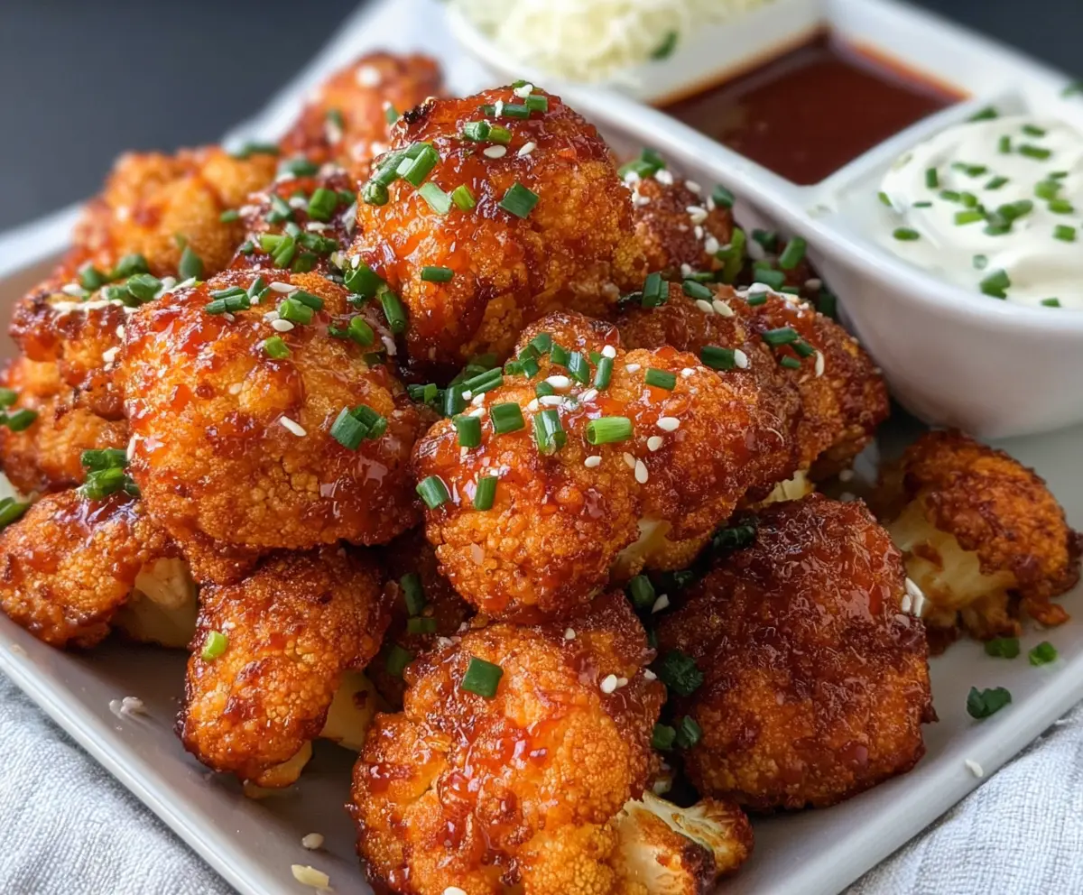 Spicy Firecracker Cauliflower Bites with vibrant red chili glaze on a white plate