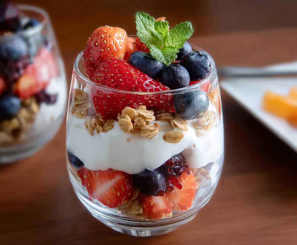 Fresh fruit and creamy yogurt parfait layered in a clear glass, perfect for a healthy breakfast or snack.