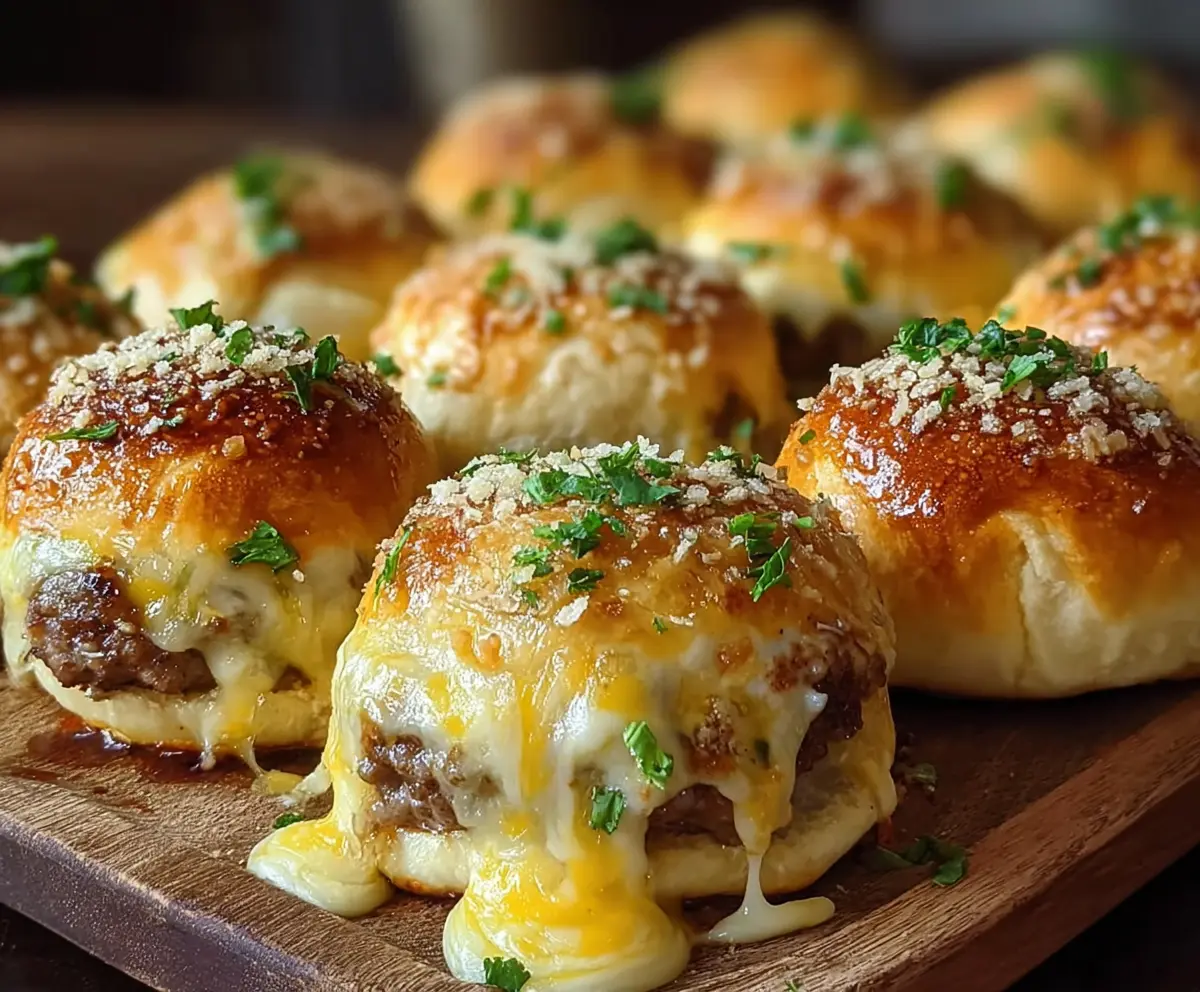 Delicious garlic Parmesan cheeseburger bombs with melted cheese and crispy breading on a plate