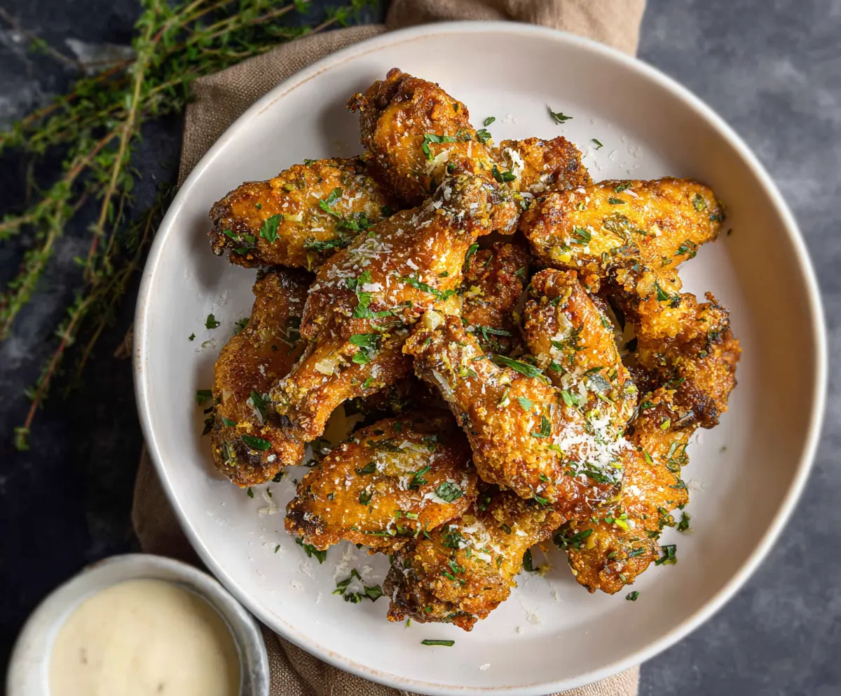 Crunchy Garlic Parmesan Wings garnished with fresh herbs for a flavorful appetizer.