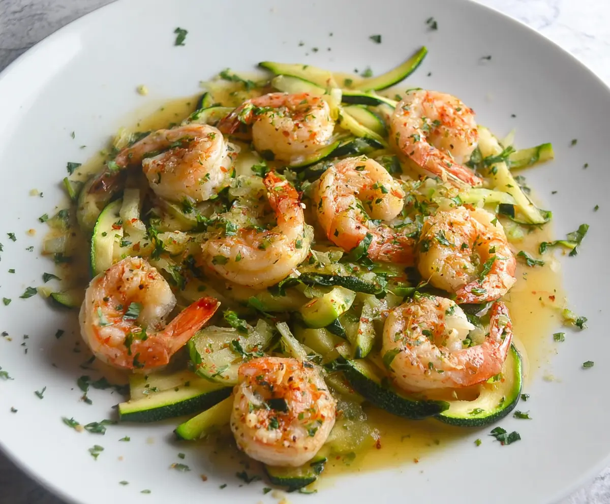 Delicious garlic shrimp with fresh zucchini on a plate, perfect for a healthy seafood meal