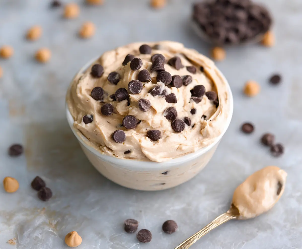 Healthy Greek yogurt protein cookie dough served in a bowl, perfect for a nutritious snack.