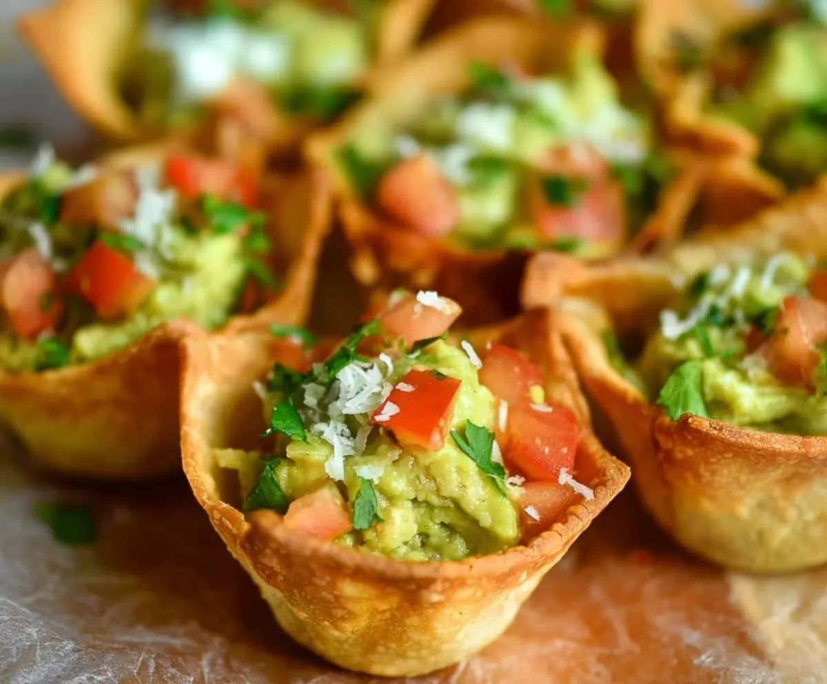 Delicious guacamole served in crispy cup-shaped tortilla chips, perfect for snacking or entertaining.