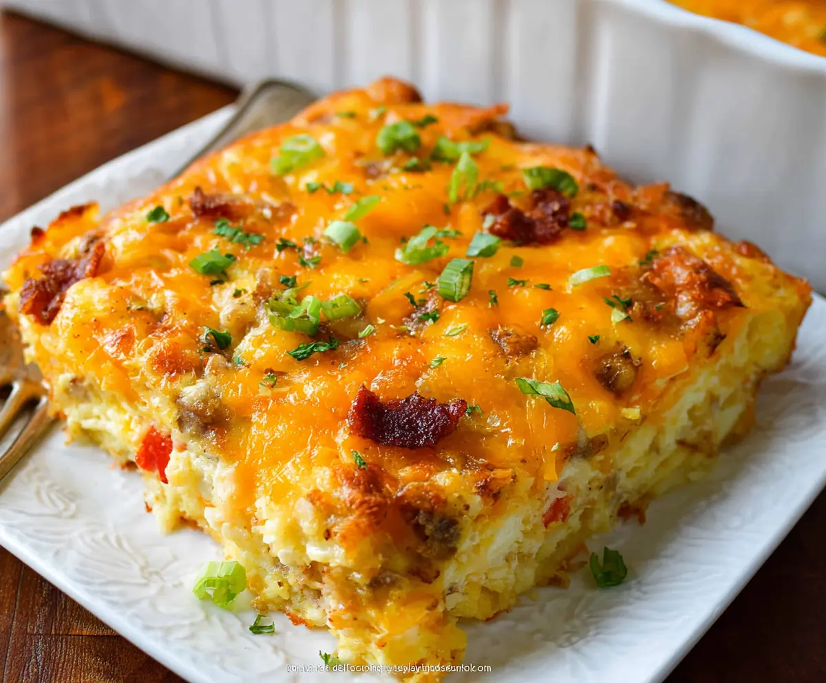 Delicious Hashbrown Breakfast Casserole filled with eggs, cheese, and crispy hashbrowns ready to serve.