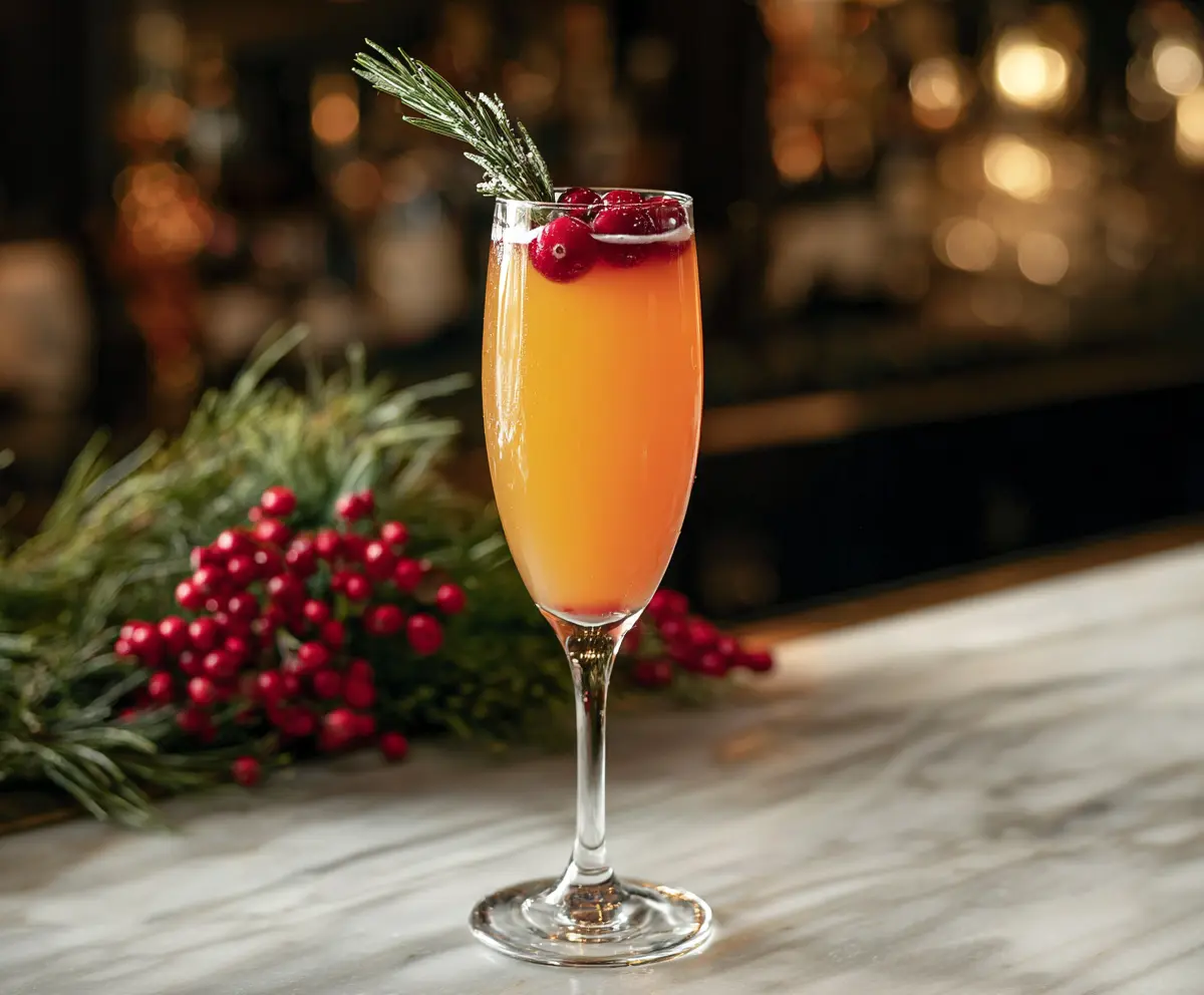 Festive Holly Jolly Mimosa with orange slices and holiday decorations