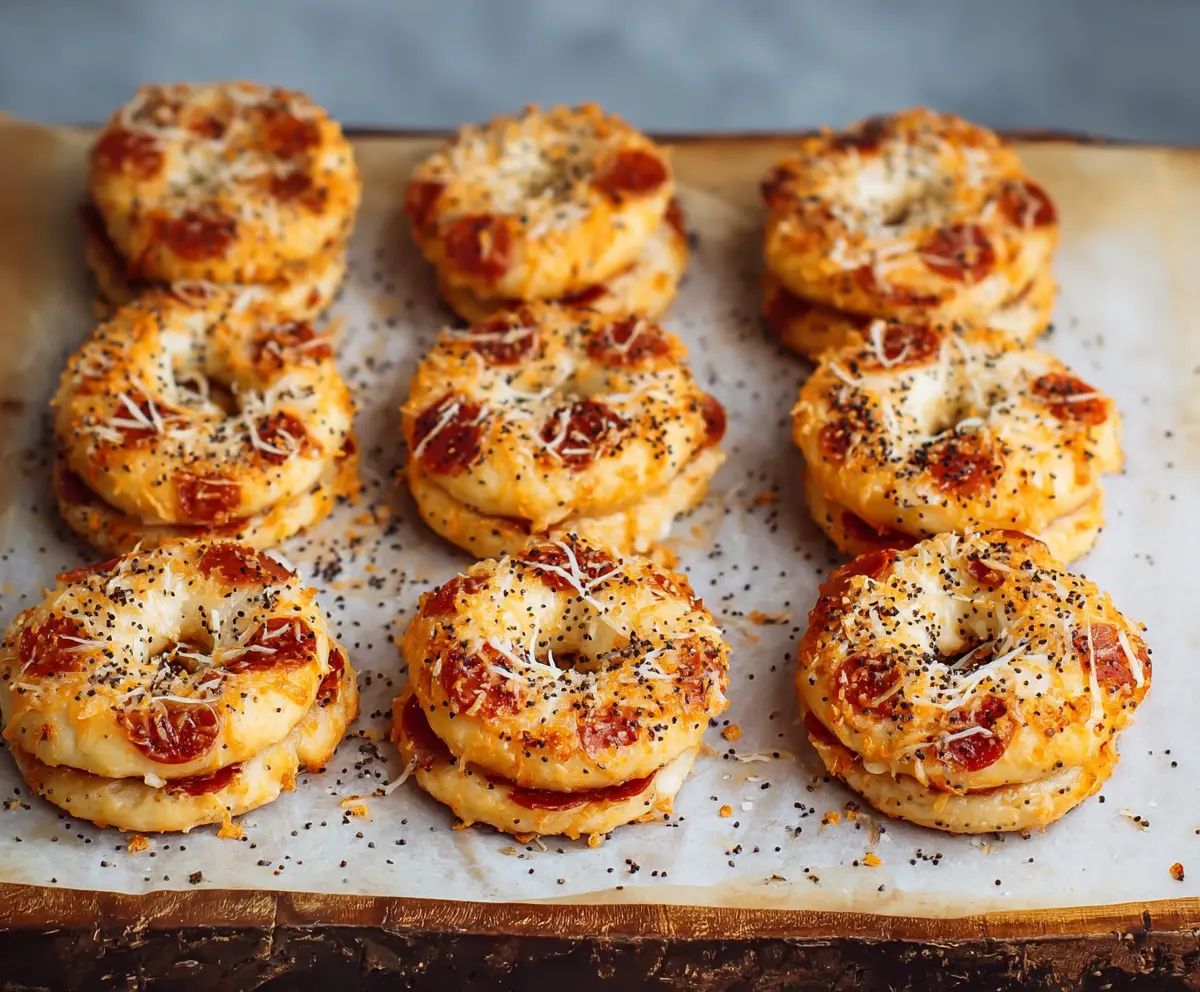Homemade Bagel Bites with melted cheese and toppings on a baking sheet.