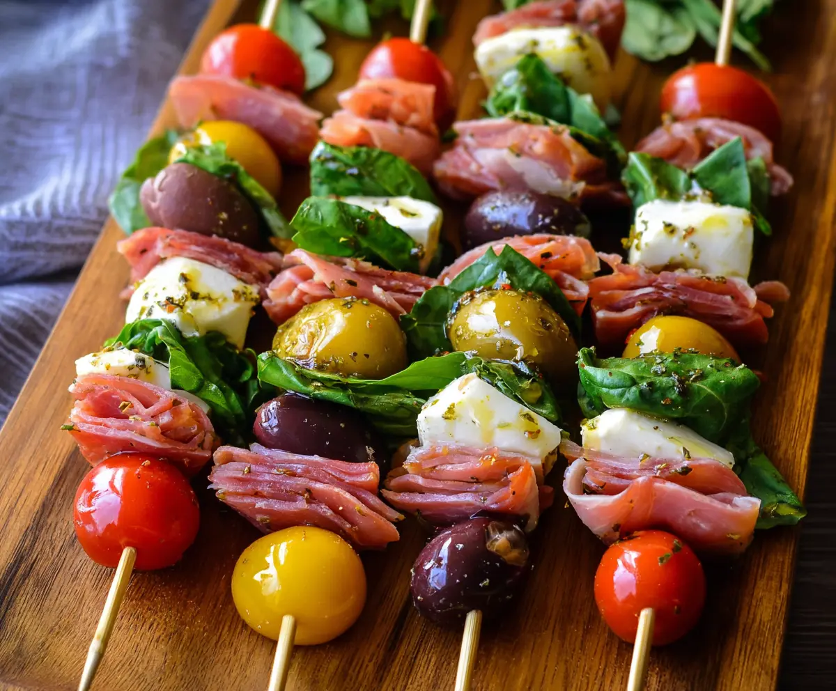 Colorful Italian Antipasto Skewers with cheese, salami, olives, and cherry tomatoes on a wooden platter.
