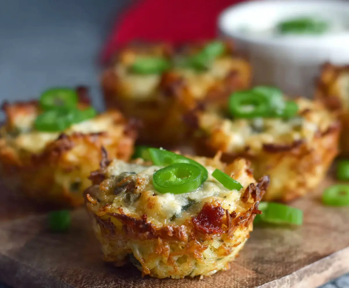 Golden crispy Jalapeno Popper Hash Brown Cups filled with cheese and spicy jalapenos on a white plate.