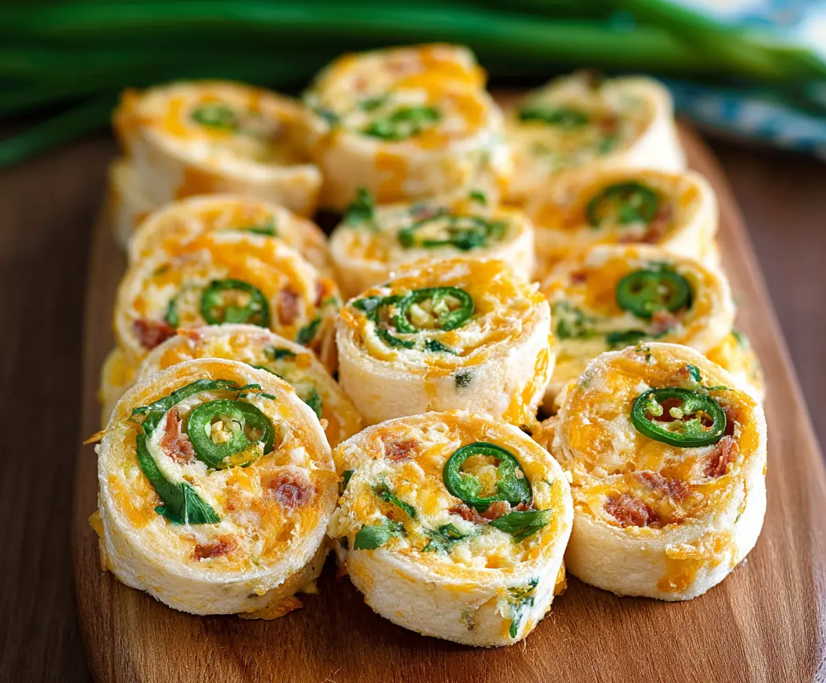 Delicious jalapeno popper pinwheels with melted cheese and crispy bacon bites.