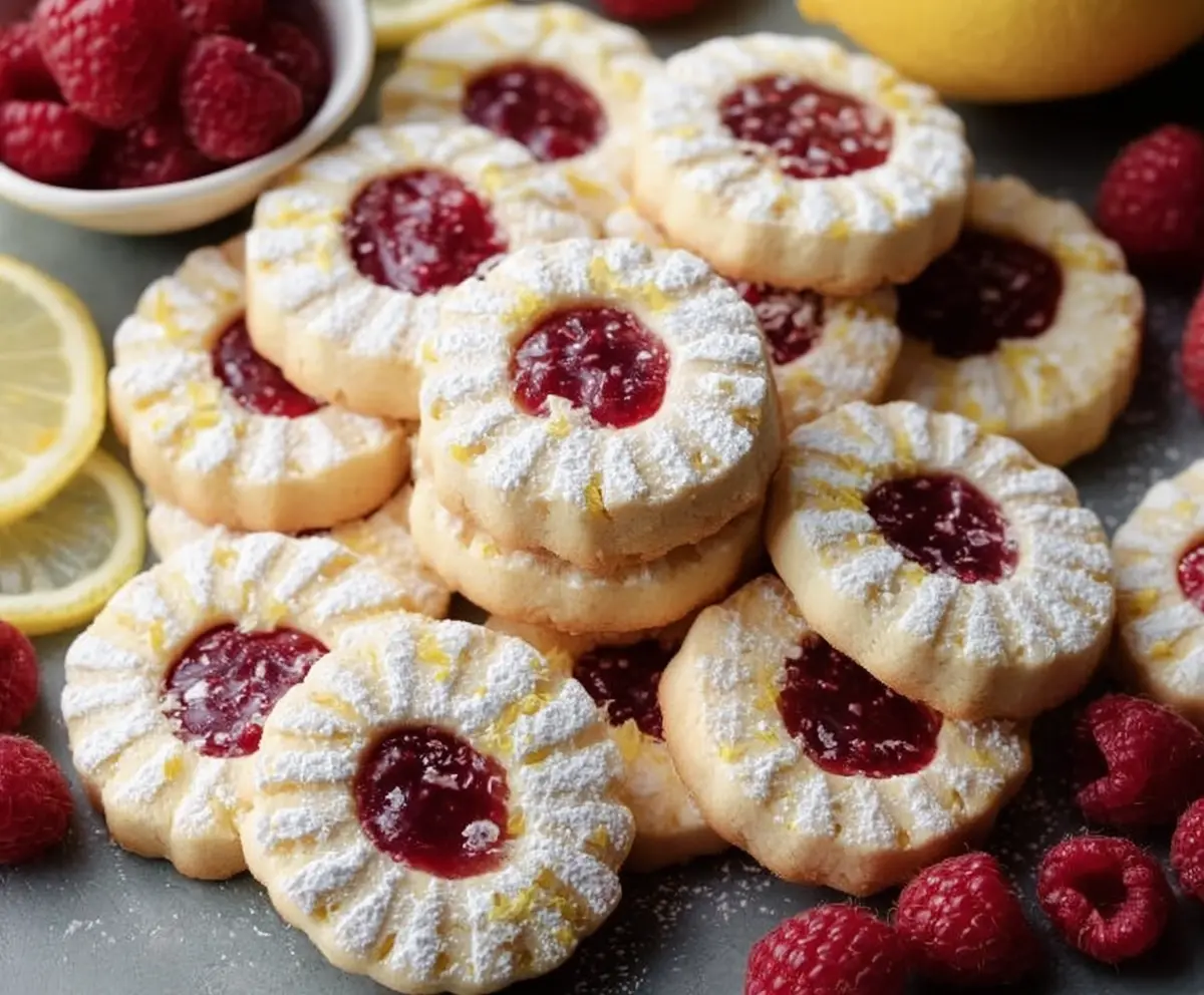 Delicious Lemon Raspberry Shortbread Cookies on a plate, showcasing vibrant red raspberries and bright lemon flavor.