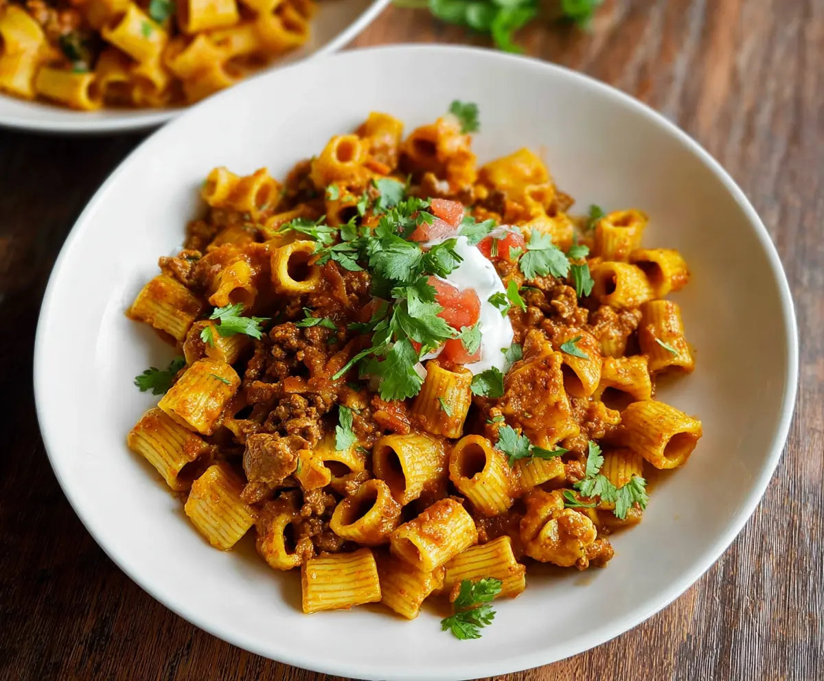 Delicious Mexican pasta with vibrant vegetables and seasoned sauce on a white plate.