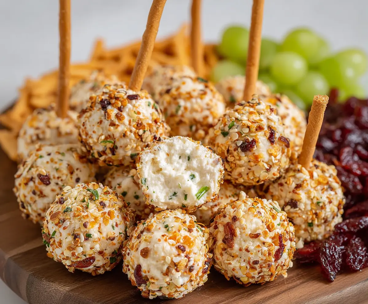 Delicious mini cheeseball bites garnished with herbs on a serving plate for party appetizers.