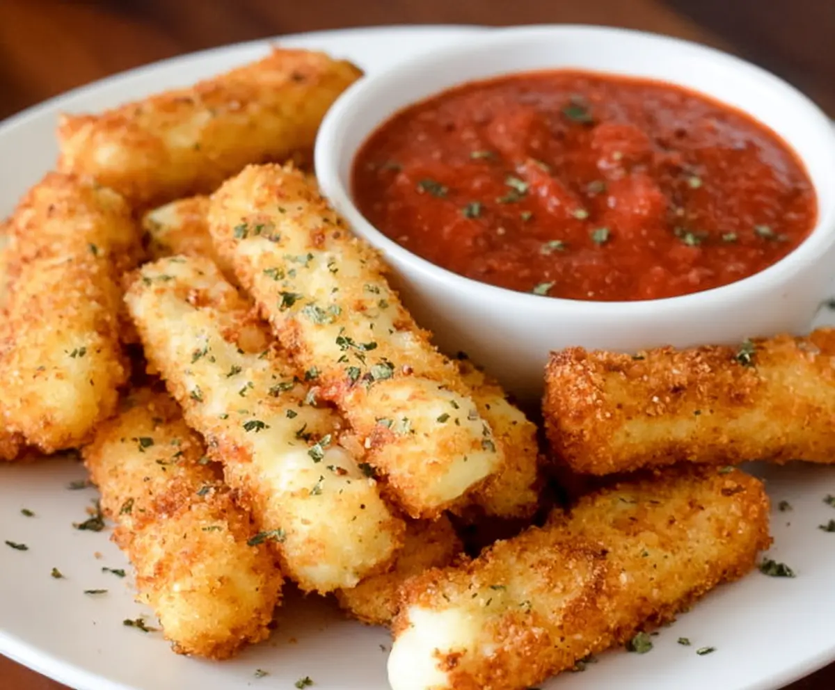 Crispy mozzarella sticks served with rich marinara sauce on a white plate
