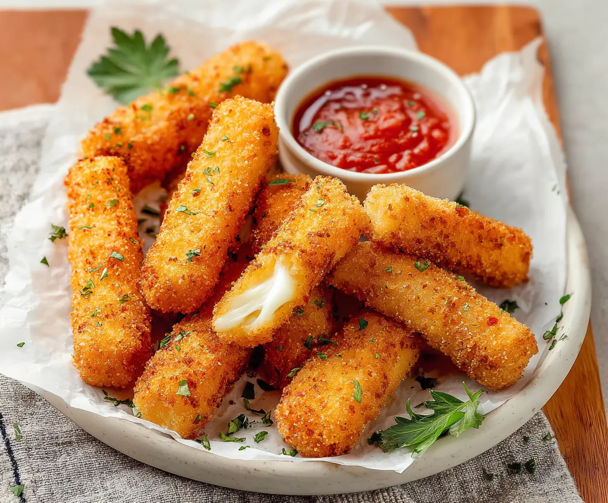 Crispy mozzarella sticks with melted cheese inside, served with dipping sauce on a white plate.